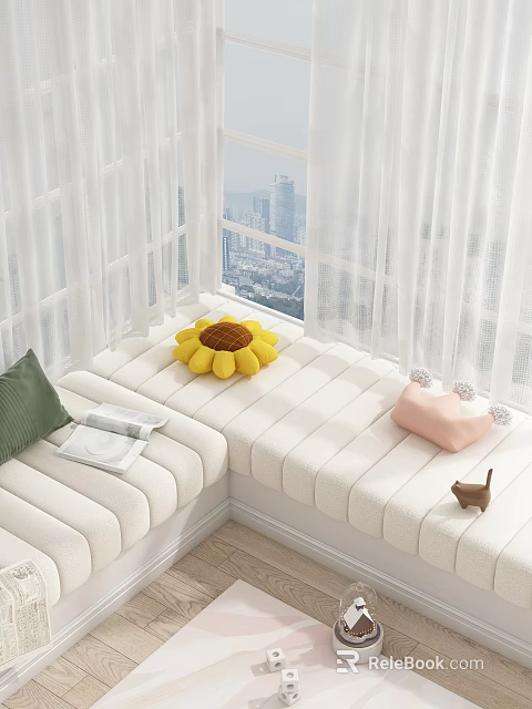 Cozy Bay Window With White Padded Cushions Sunflower Pillow Green Cushion And City View 3d model 