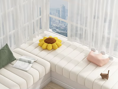 Cozy Bay Window With White Padded Cushions Sunflower Pillow Green Cushion And City View 3d model