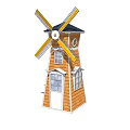 Wooden Windmill Structure With Yellow Blades Black Roof And Windows