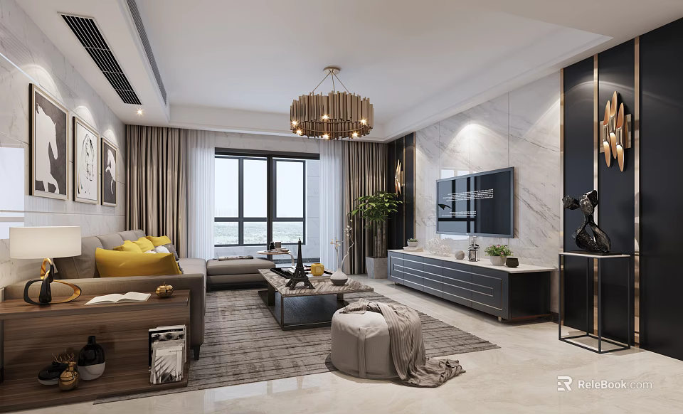 Modern Living Room Interior Design With Chandelier Sofa TV Rug And Marble Wall 3d model 
