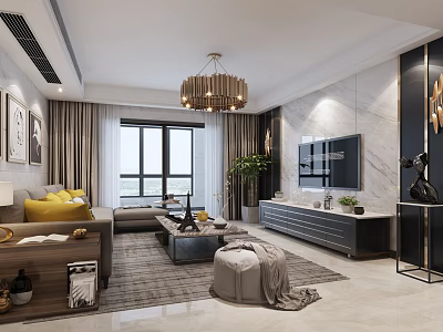Modern Living Room Interior Design With Chandelier Sofa TV Rug And Marble Wall 3d model