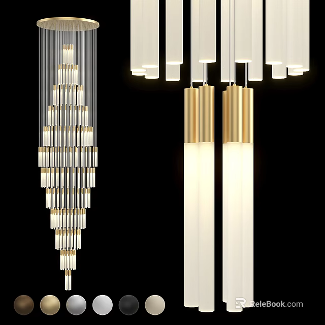 Modern Hanging Chandelier With Gold Metal Frame And White Cylindrical Shades 3d model 