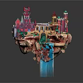 Cartoon Scene Of Floating Island With Colorful Castles Buildings Trees And Waterfall