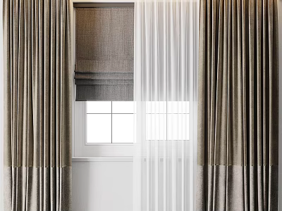 Beige Curtains With Gray Roman Shade And Sheer Layer For Modern Window Interior 3d model