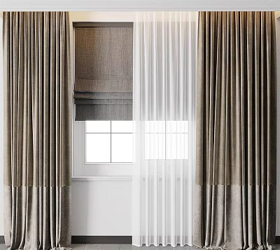 Beige Curtains With Gray Roman Shade And Sheer Layer For Modern Window Interior 3d model
