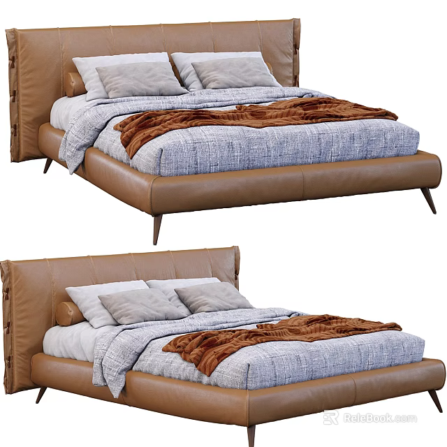 Modern Double Bed With Brown Leather Frame Gray Comforter Brown Blanket And Pillows 3d model