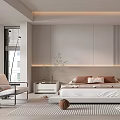 Modern Minimalist Bedroom Interior With White Bed Nightstand Chair Wardrobe Rug Plants And Pendant Lights
