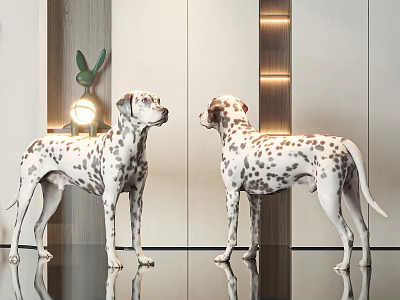 Two Dalmatians Standing In Modern Interior With Decorative Rabbit Lamp And Reflective Floor 3d model