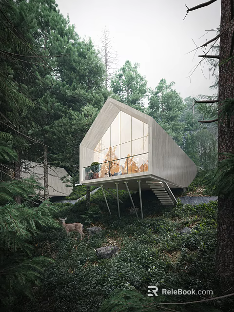 Modern Forest Villa Architecture With Large Glass Windows And Elevated Stilt Structure In Lush Woods 3d model 