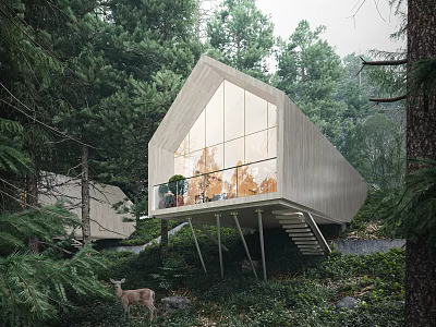 Modern Forest Villa Architecture With Large Glass Windows And Elevated Stilt Structure In Lush Woods 3d model