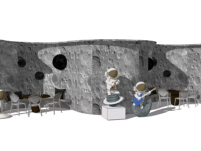 Creative Feature Wall Design With Astronaut Statues Circular Holes And Seating Area 3d model