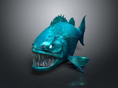 Blue Aquatic Fish With Sharp Teeth Glowing Eyes And Fierce Deep Sea Look 3d model