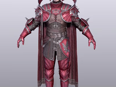 Detailed Fantasy Game Character In Red Spiked Armor With Dark Cape And Decorations 3d model