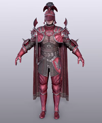 Detailed Fantasy Game Character In Red Spiked Armor With Dark Cape And Decorations 3d model