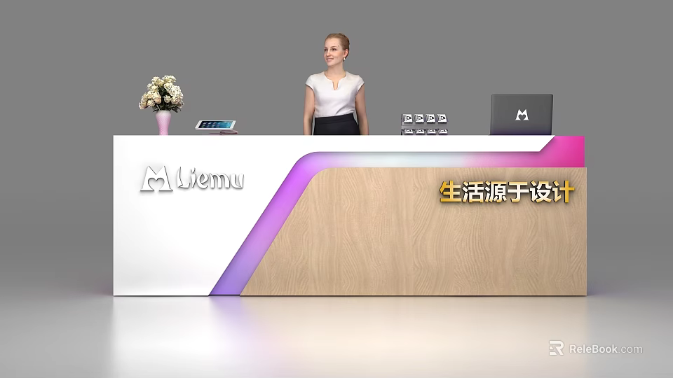 Modern Reception Desk With Wooden Surface Purple Accents Flower Arrangement Tablet And Laptop 3d model 