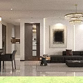 Modern Dining and Living Room Interior With Chandelier Sofa And Artwork