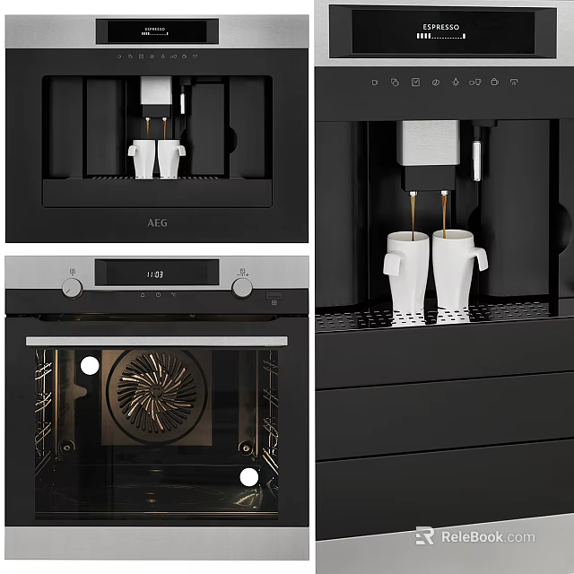 Modern Kitchen Interior with Black ALC Coffee Machine Oven and Appliances 3d model 