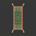 Ornate Decorative Screen With Green Patterned Panel Red Border And Wooden Legs