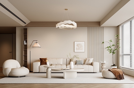 Modern Living Room Sofa Coffee Table Combination Lazy Sofa Chandelier Floor Lamp Hanging Picture Green Plant 3d model