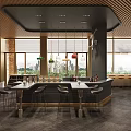 Modern Restaurant Interior With Bar Counter Wooden Tables And Colorful Pendant Lights