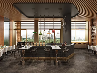 Modern Restaurant Interior With Bar Counter Wooden Tables And Colorful Pendant Lights 3d model
