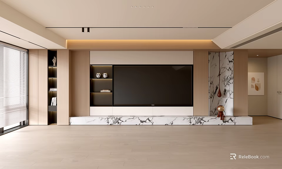 Modern Living Room Interior With Sleek TV Wall Marble Stand And Wooden Shelves 3d model 