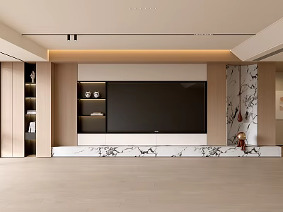 Modern Living Room Interior With Sleek TV Wall Marble Stand And Wooden Shelves 3d model