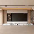 Modern Living Room Interior With Sleek TV Wall Marble Stand And Wooden Shelves