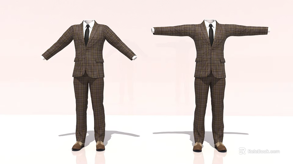 Checkered Suit Set With Matching Pants Tie And Shoes In Two Poses 3d model 