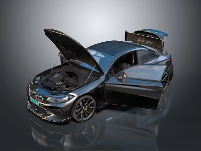 BMW Black Race Car With Open Hood Doors And Rear Spoiler Alloy Wheels 3d model