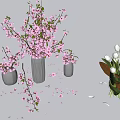 Pink Blossoms And White Tulips In Dark Vases With Scattered Petals On Water Surface