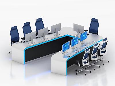 Monitoring Room L Shaped Console With Multiple Monitors Blue Office Chairs White Black Illuminated Accents 3d model