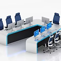 Monitoring Room L Shaped Console With Multiple Monitors Blue Office Chairs White Black Illuminated Accents