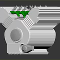 Shiny Silver Metallic Mechanical Part With Green Coiled Structures And Metal Bolts