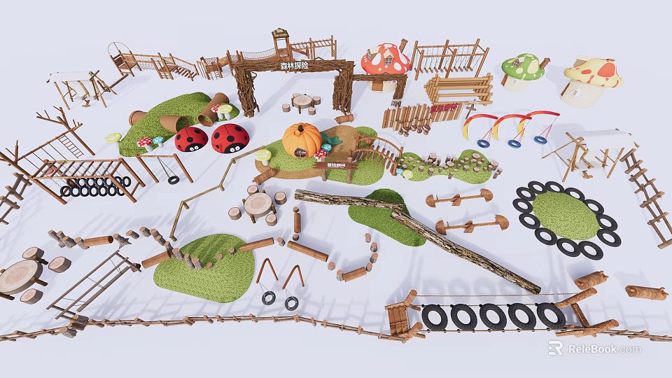 Outdoor Playground Equipment With Wooden Climbing Frames Mushroom Decorations Tire Rings And Balance Beams 3d model 