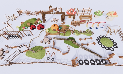 Modern play equipment outdoor children wooden facilities 3d model