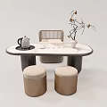 Modern Tea Table with Marble Top and Round Stools Featuring Teapot and Vase 3d model