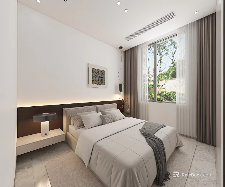 Bright Modern Bedroom with Double Bed White Linens Green Window View and Artwork 3d model 
