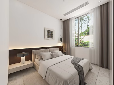Bright Modern Bedroom with Double Bed White Linens Green Window View and Artwork 3d model