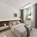 Bright Modern Bedroom with Double Bed White Linens Green Window View and Artwork