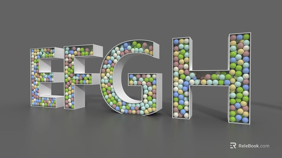 Colorful Balls Composed 3D Letters E F G H with Decorative Design on Gray 3d model 