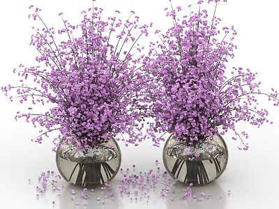 Elegant Purple Flowers In Silver Vases With Scattered Petals For Home Decoration 3d model