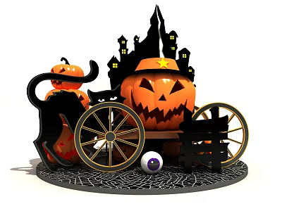 Halloween Decorative Display With Pumpkin Carriage Jack O Lantern Black Cat Spider Web 3d model