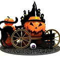 Halloween Decorative Display With Pumpkin Carriage Jack O Lantern Black Cat Spider Web