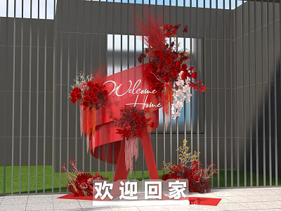 Vibrant Red Floral Installation With Welcome Home Sign And Modern Metal Fence 3d model