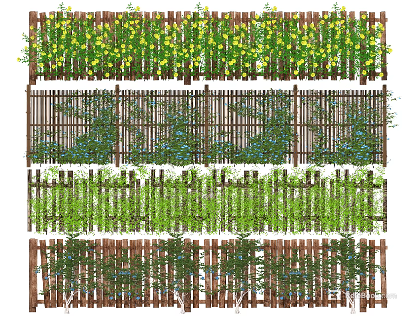 Decorative Garden Fence Designs With Climbing Plants Yellow Flowers And Green Vines 3d model 