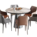 Modern Style Dining Table Set with Marble Round Tabletop and Six Gray Brown Chairs 3d model