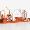Welcome Home Themed Display With Cartoon Character Orange Structure And Building Models