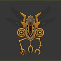 Yellow Mechanical Insect With Purple Glowing Wings Multiple Legs And Small Tower Sci Fi Design