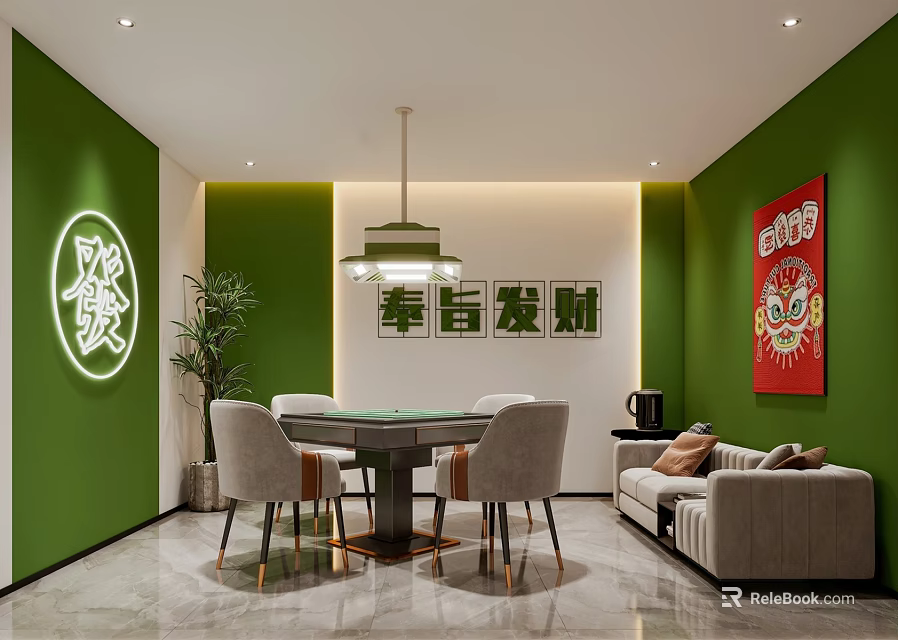Hotel Mahjong Room Interior With Green Walls Mahjong Table Chairs Sofa And Red Decorative Art 3d model 